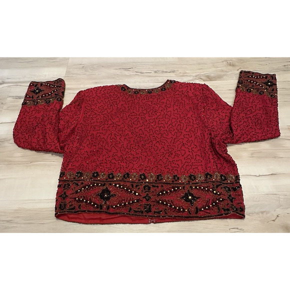 Laurence Kazar XL Formal Jacket Red Collarless Crop Black Gold Beads Lined VTG - Picture 2 of 6